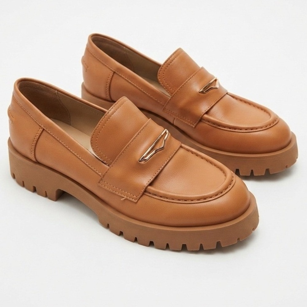 Steve Madden Lawrence Chunky Platform Loafers Leather Lug Sole Cognac Tan 10